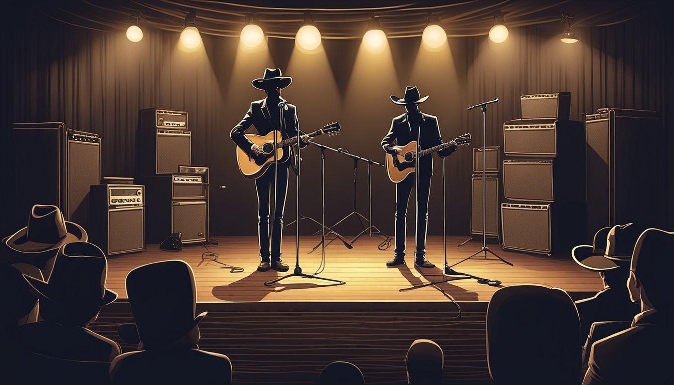 A lone microphone stands on a dimly lit stage, surrounded by cowboy hats and guitars. A spotlight shines down, casting a somber glow