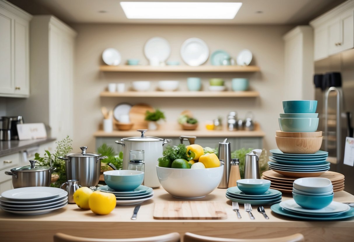 A table with a variety of kitchenware and home goods being arranged for a wedding registry
