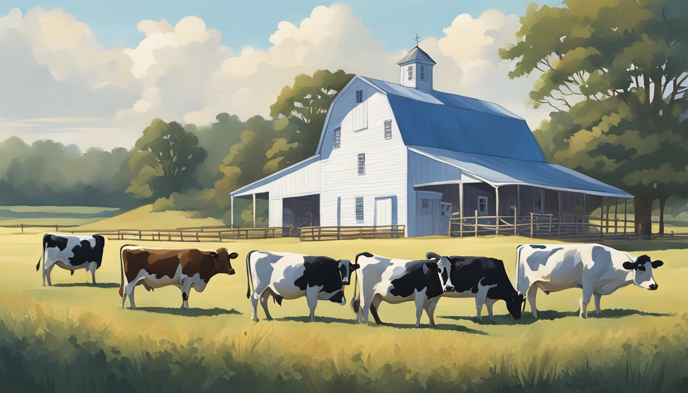 A sunny Alabama farm with cows grazing in front of a rustic blue and white creamery building