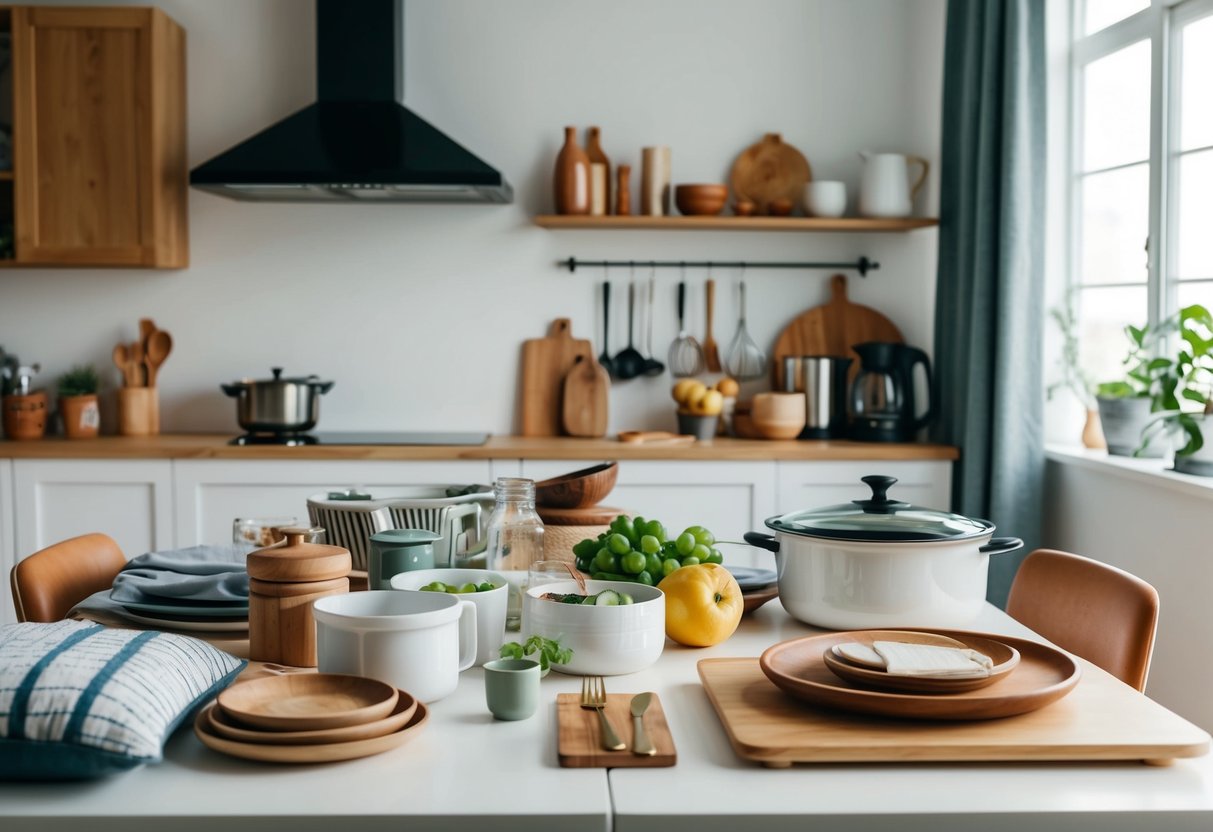 A table with various household items such as kitchenware, bedding, and home decor