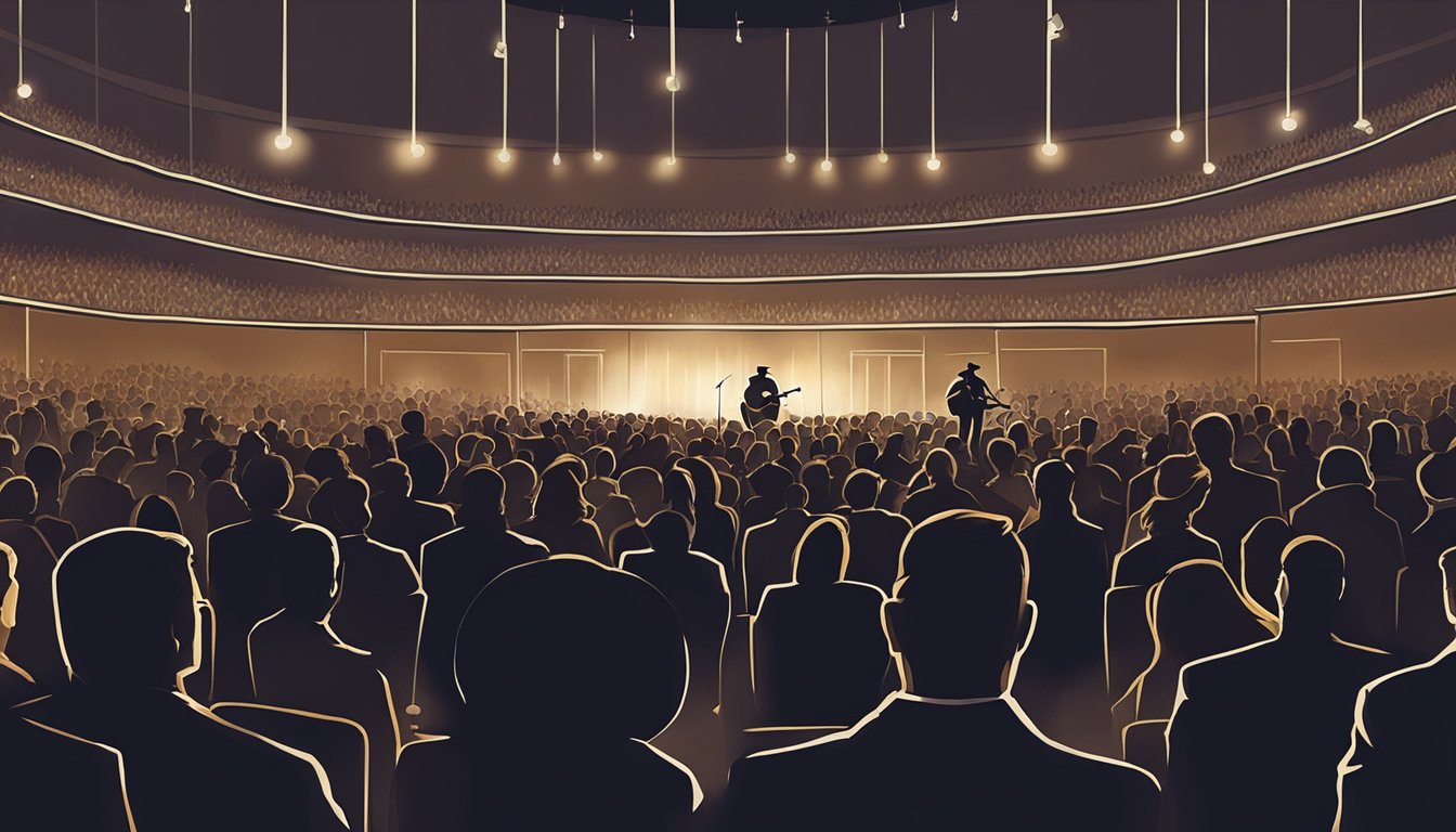 A somber concert venue with a lone microphone stand and a spotlight shining down on it. Audience members are seen wiping away tears as they pay tribute to George Strait