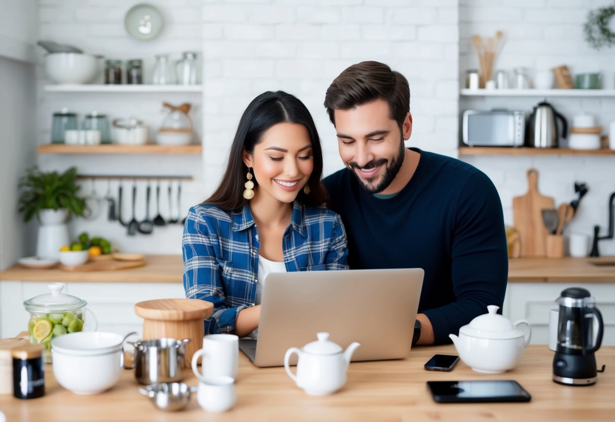 A couple browsing online for wedding registry items, surrounded by various kitchenware, home decor, and electronic gadgets