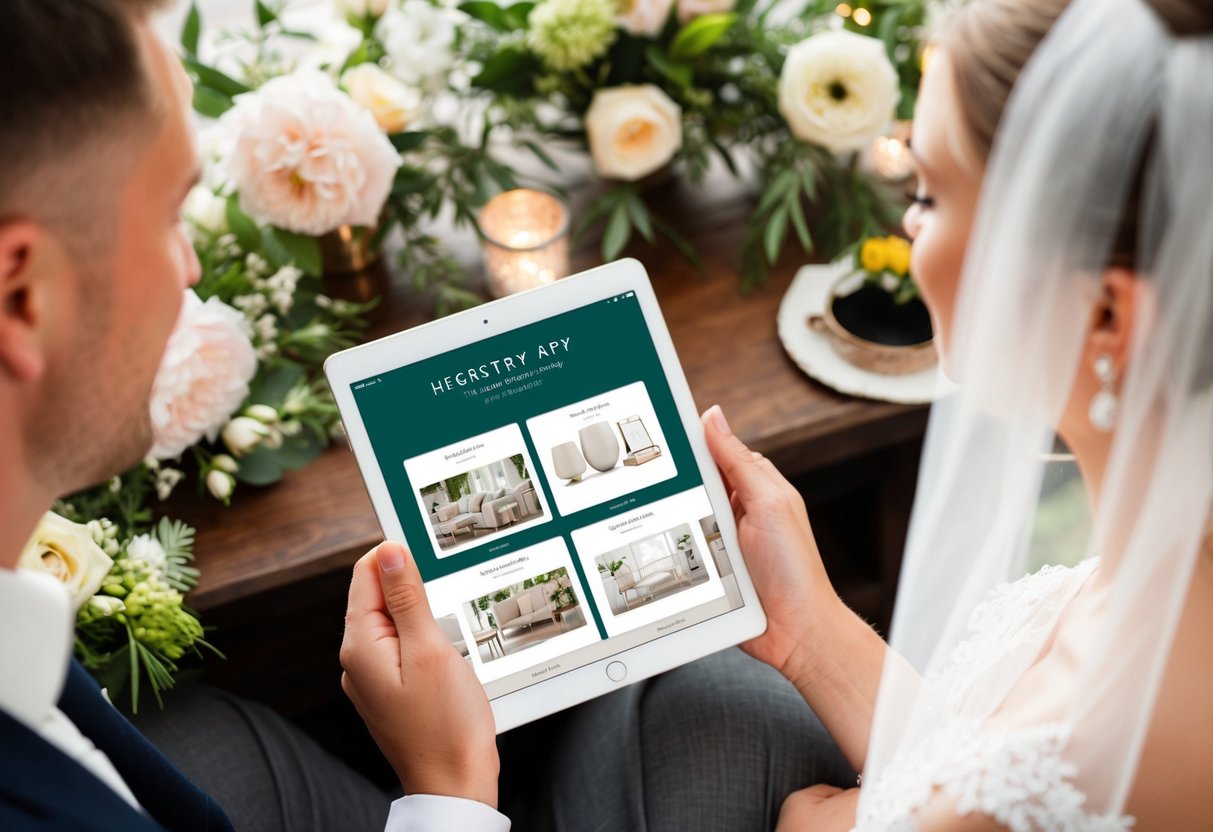 A couple surrounded by wedding decorations, browsing through a registry app on a tablet