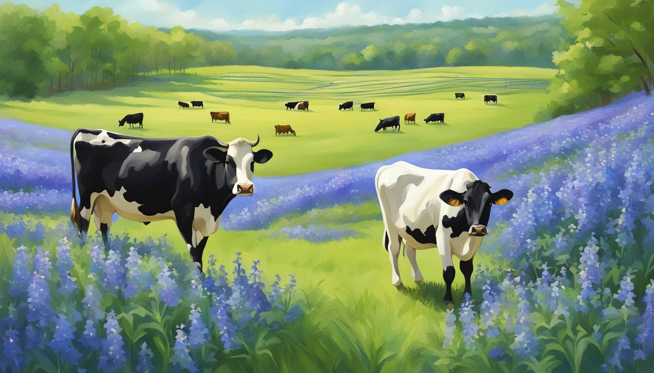 A sunny Alabama farm with cows grazing in a green pasture, surrounded by fields of blooming bluebell flowers