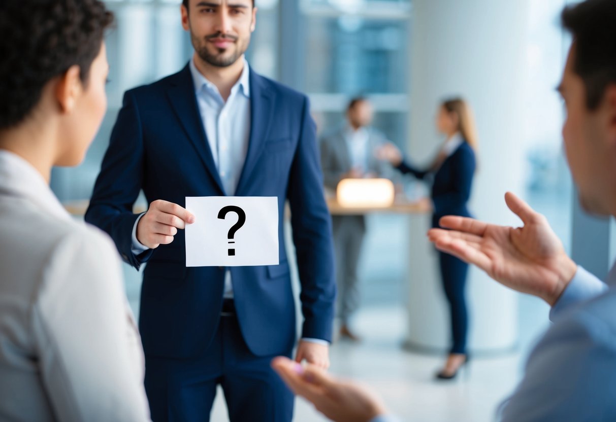 A person standing in front of someone, holding a piece of paper with a question mark on it, gesturing towards the other person