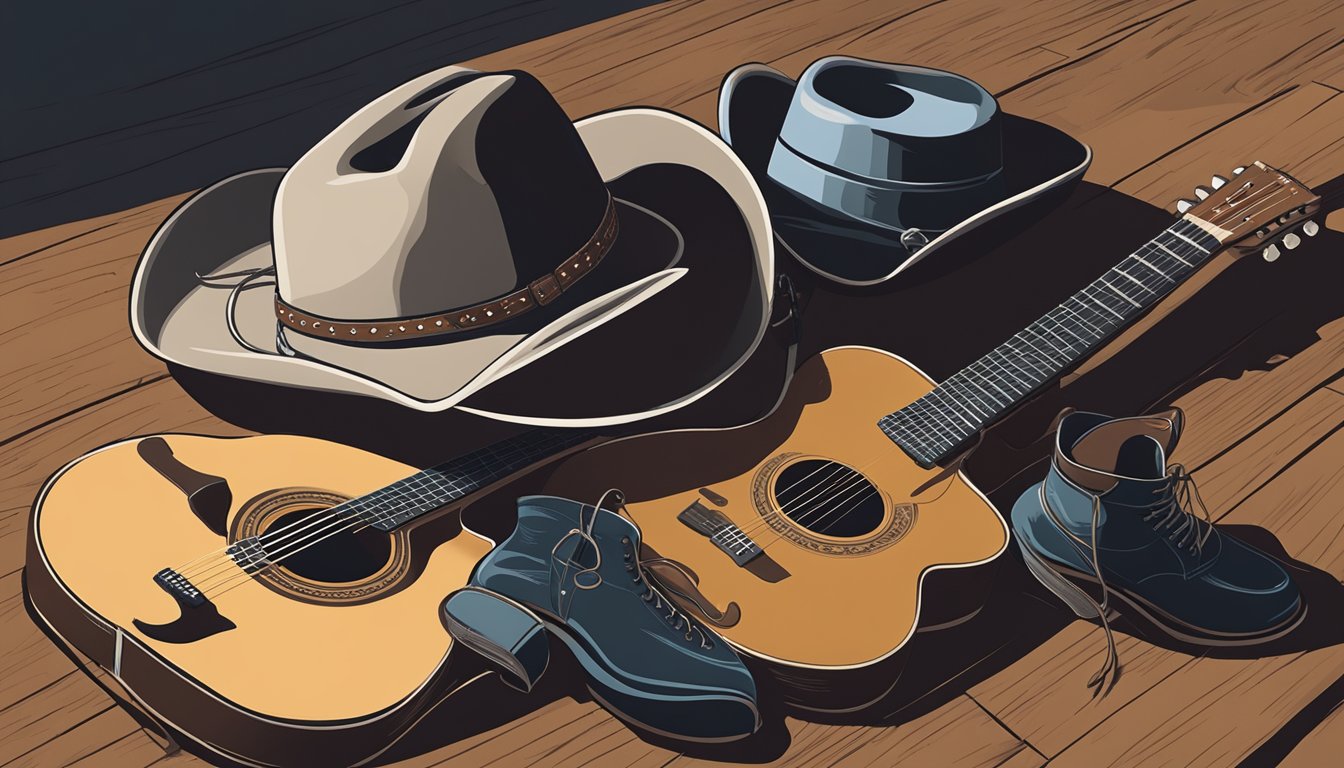 A cowboy hat, guitar, and cowboy boots laid out in a somber arrangement