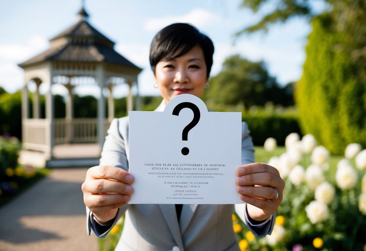 A person holds a wedding invitation with a question mark, standing in front of a serene outdoor setting with a gazebo and flowers