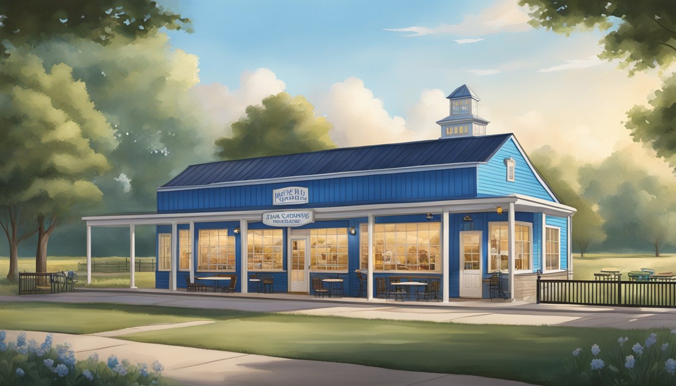 A vibrant blue bell creamery nestled in the Alabama countryside, with a welcoming storefront and a picturesque outdoor seating area