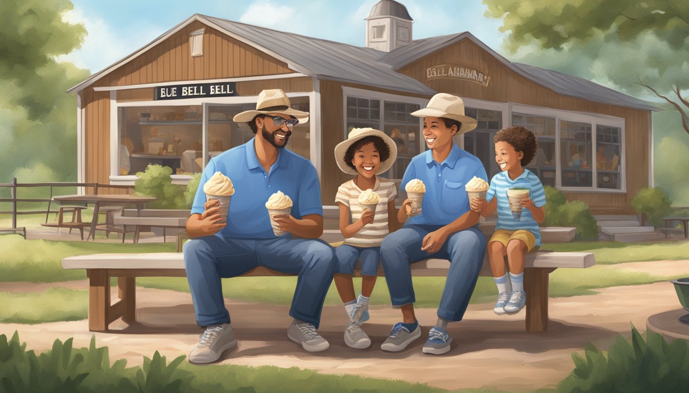 A happy family enjoying Blue Bell ice cream at a cozy Alabama creamery