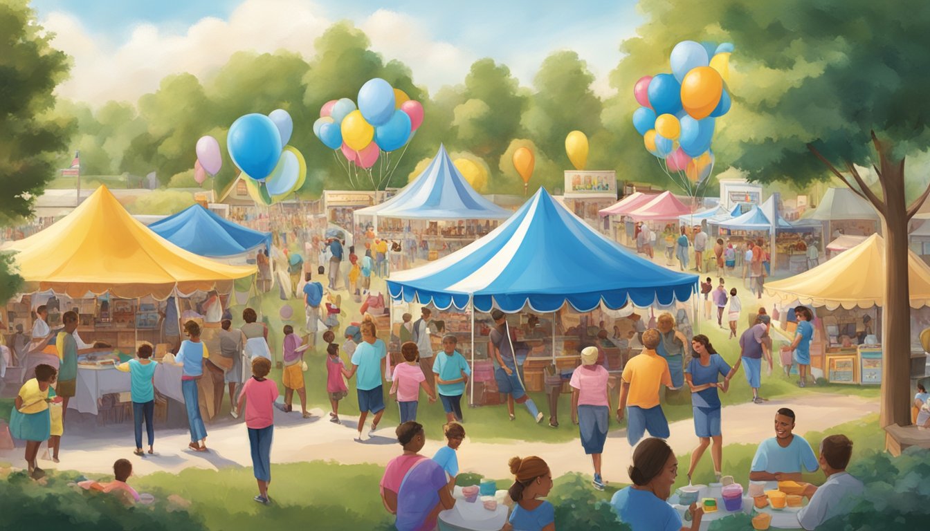 A bustling community fair with families enjoying Blue Bell ice cream in Alabama. Balloons, tents, and smiling faces create a lively atmosphere