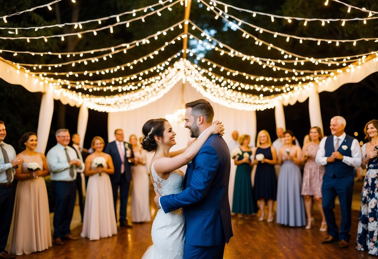 A couple dances under a canopy of twinkling lights, surrounded by friends and family