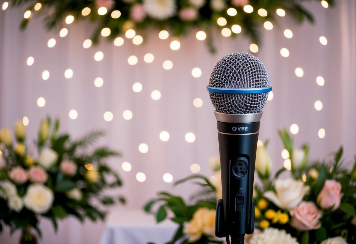 A microphone stands on a podium amidst a backdrop of flowers and twinkling lights. A soft, romantic ambiance fills the room