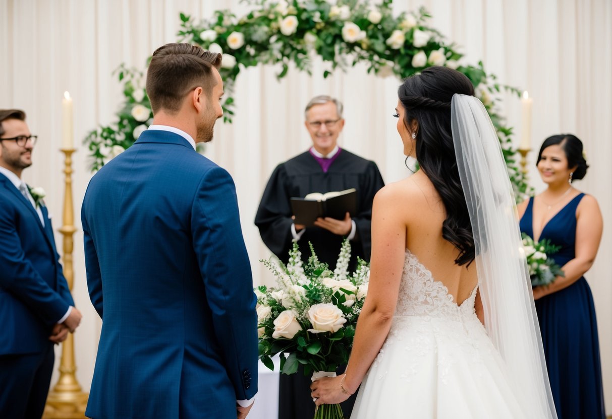 A bride stands to the left of the groom, facing an officiant, with a ceremonial backdrop and floral arrangements