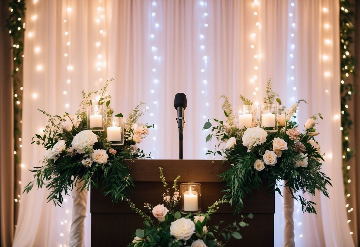 A microphone on a podium, surrounded by elegant floral arrangements and soft candlelight, set against a backdrop of twinkling fairy lights and draped fabric