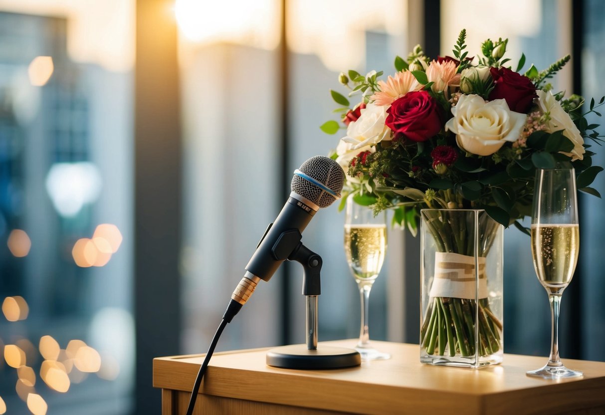 A microphone on a podium with a bouquet of flowers and champagne glasses