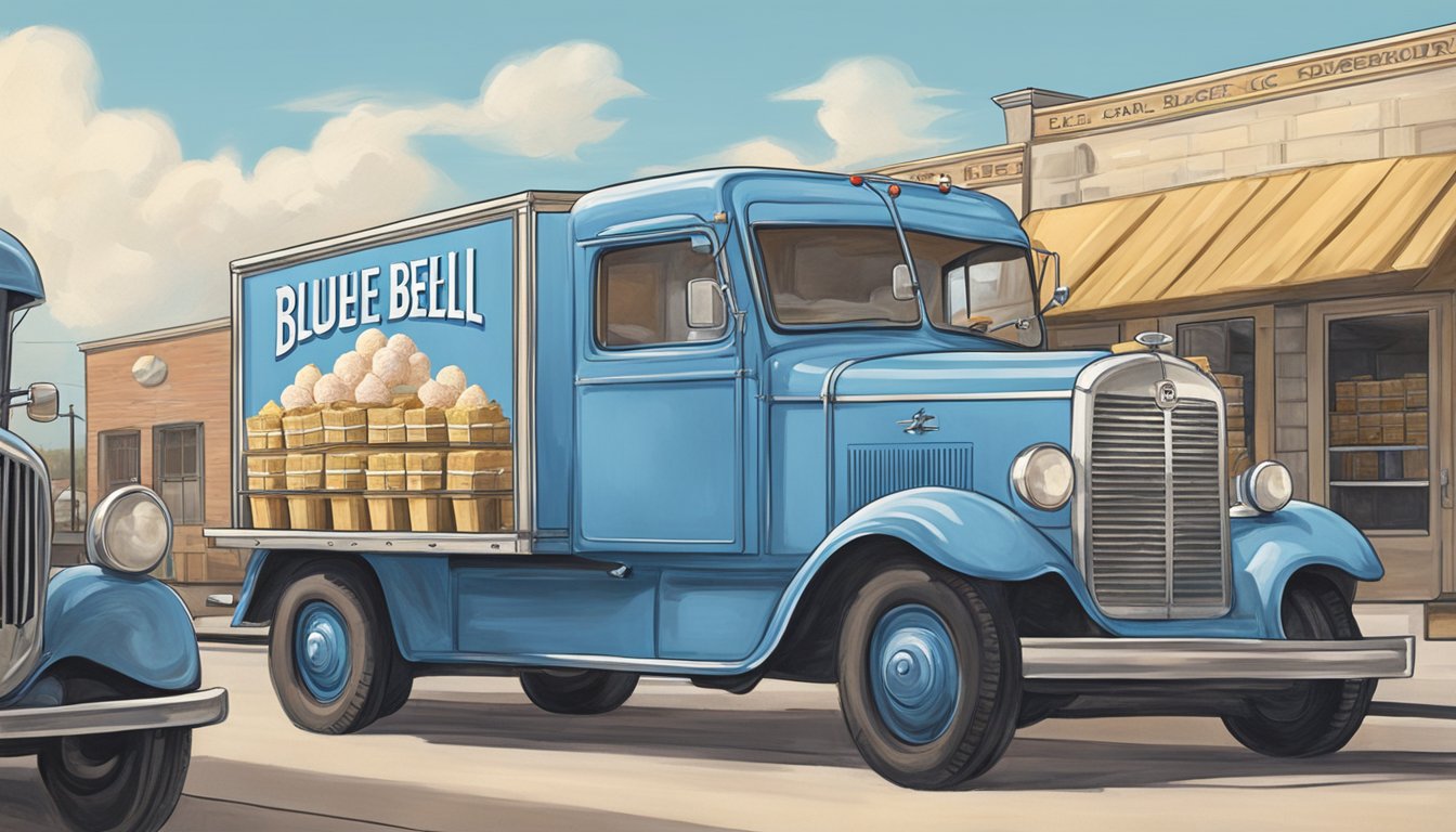 A vintage delivery truck parked outside a Houston distributor, with workers unloading crates of Blue Bell ice cream