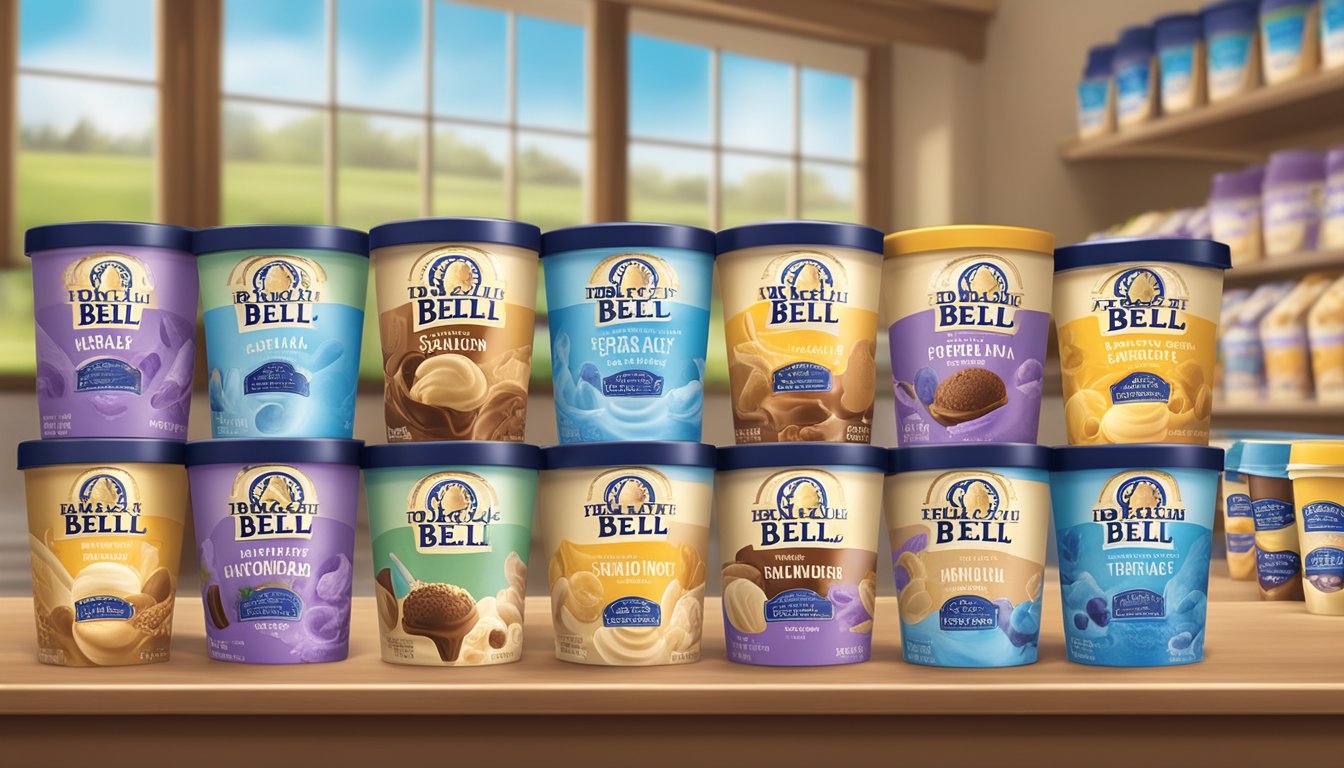 A display of assorted Blue Bell ice cream products at a Houston distributor, with colorful packaging and a variety of flavors