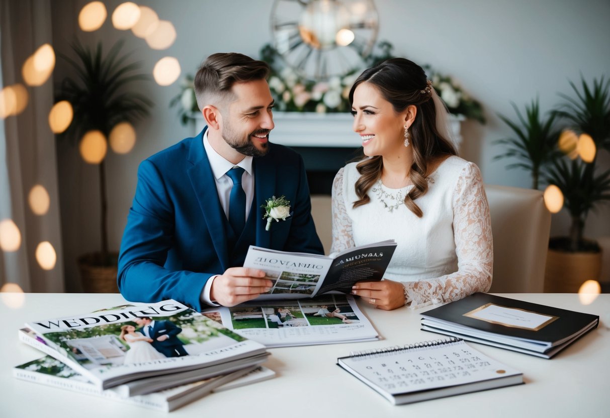 A couple sitting at a table, surrounded by wedding magazines and a calendar, discussing plans for their future nuptials
