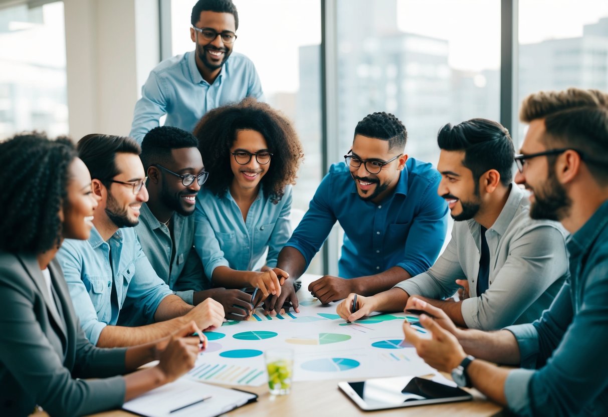 A group of diverse and enthusiastic individuals gather around a table, brainstorming and collaborating on various projects and ideas