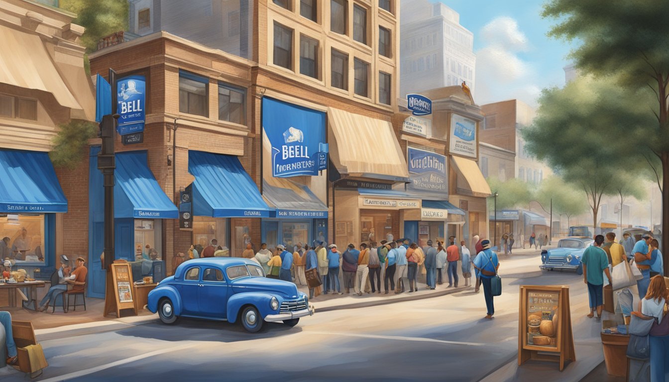 A bustling Houston street corner with a prominent Blue Bell Creameries distributor, surrounded by vibrant advertising and marketing materials