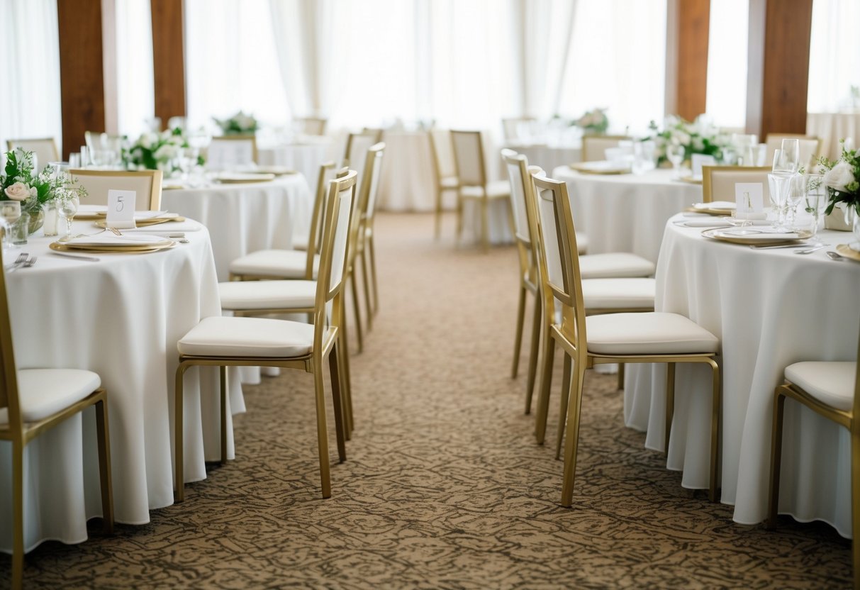 A room with tables, chairs, and place cards arranged in a pattern for a wedding seating arrangement