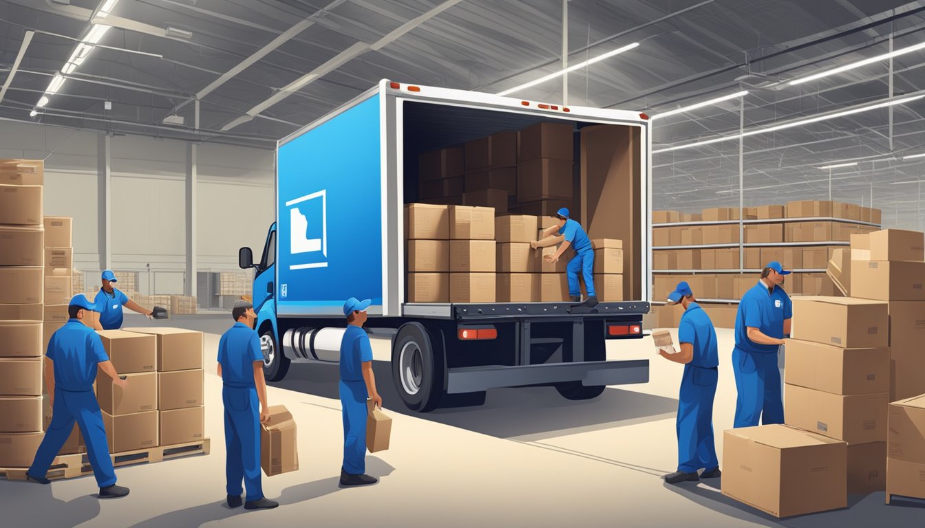 A delivery truck unloading Blue Bell Creameries products at a Houston distributor, with workers organizing the inventory in a refrigerated warehouse