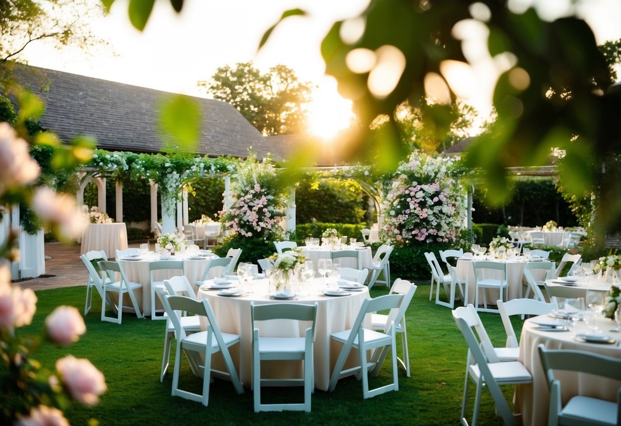 A picturesque outdoor venue with blooming gardens and elegant seating arrangements. A serene atmosphere with soft lighting and a hint of romance in the air
