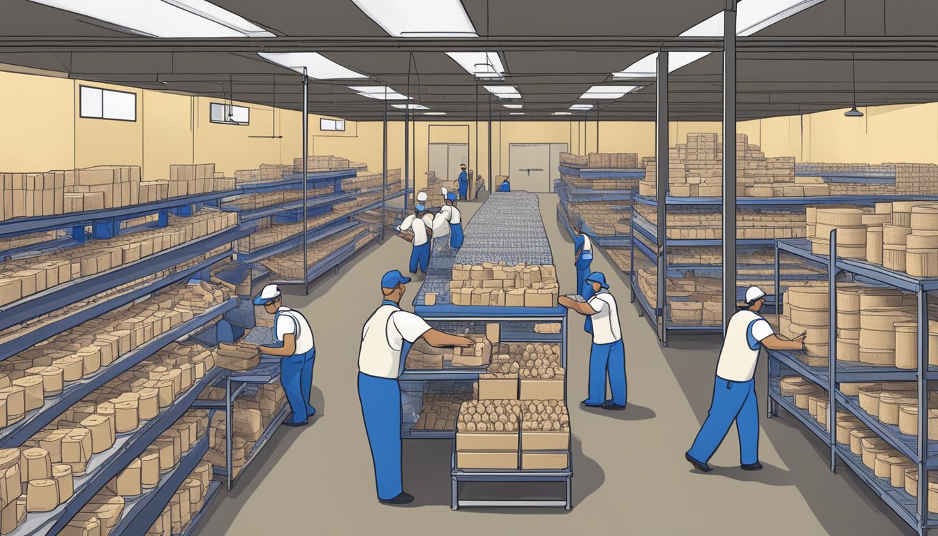 A bustling Houston warehouse filled with stacks of Blue Bell ice cream and workers packing orders for online distribution