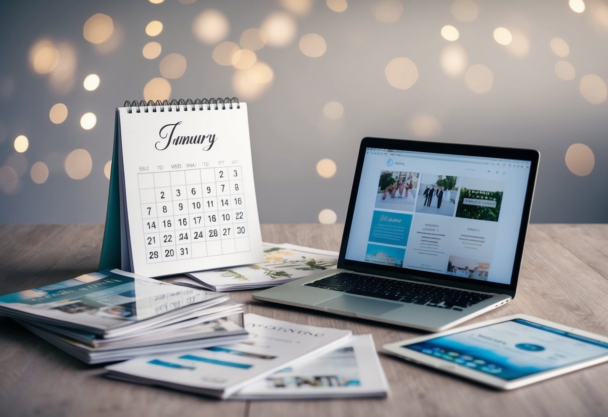 A calendar with a wedding date circled, surrounded by scattered wedding magazines and a laptop open to wedding planning websites