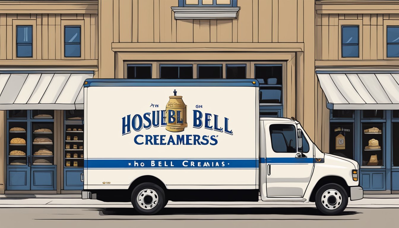 A delivery truck parked outside a Houston store, with the Blue Bell Creameries logo prominently displayed on the side