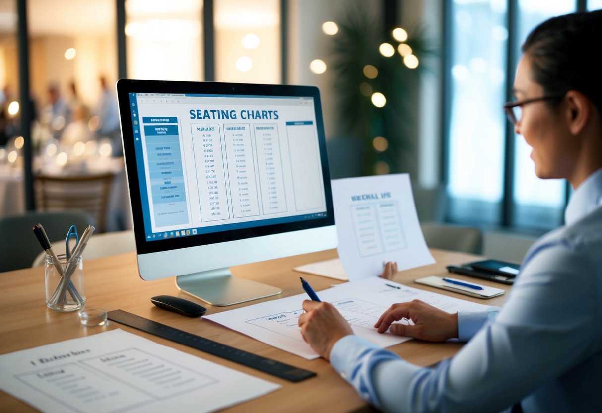 A person using a computer to arrange seating charts for a wedding, surrounded by paper, pens, and a ruler