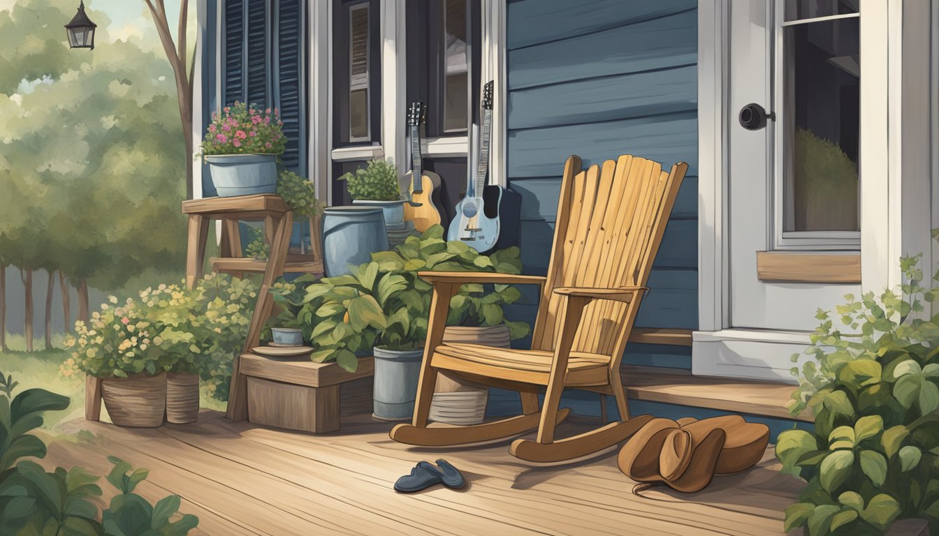 A weathered wooden chair sits on a front porch, surrounded by potted plants and a cowboy hat. A guitar leans against the chair, while a pair of cowboy boots rest on the steps