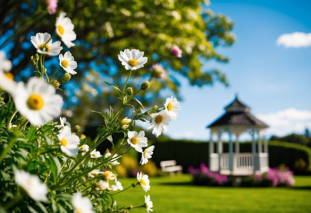 A sunny outdoor wedding with blooming flowers and a clear blue sky. The scene is set in a lush garden with a small gazebo and a picturesque backdrop