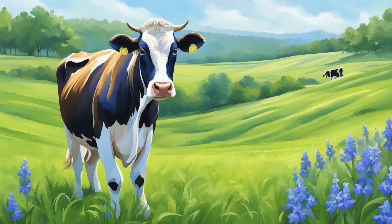 A cow grazing in a lush green pasture with a backdrop of a blue bell flower field