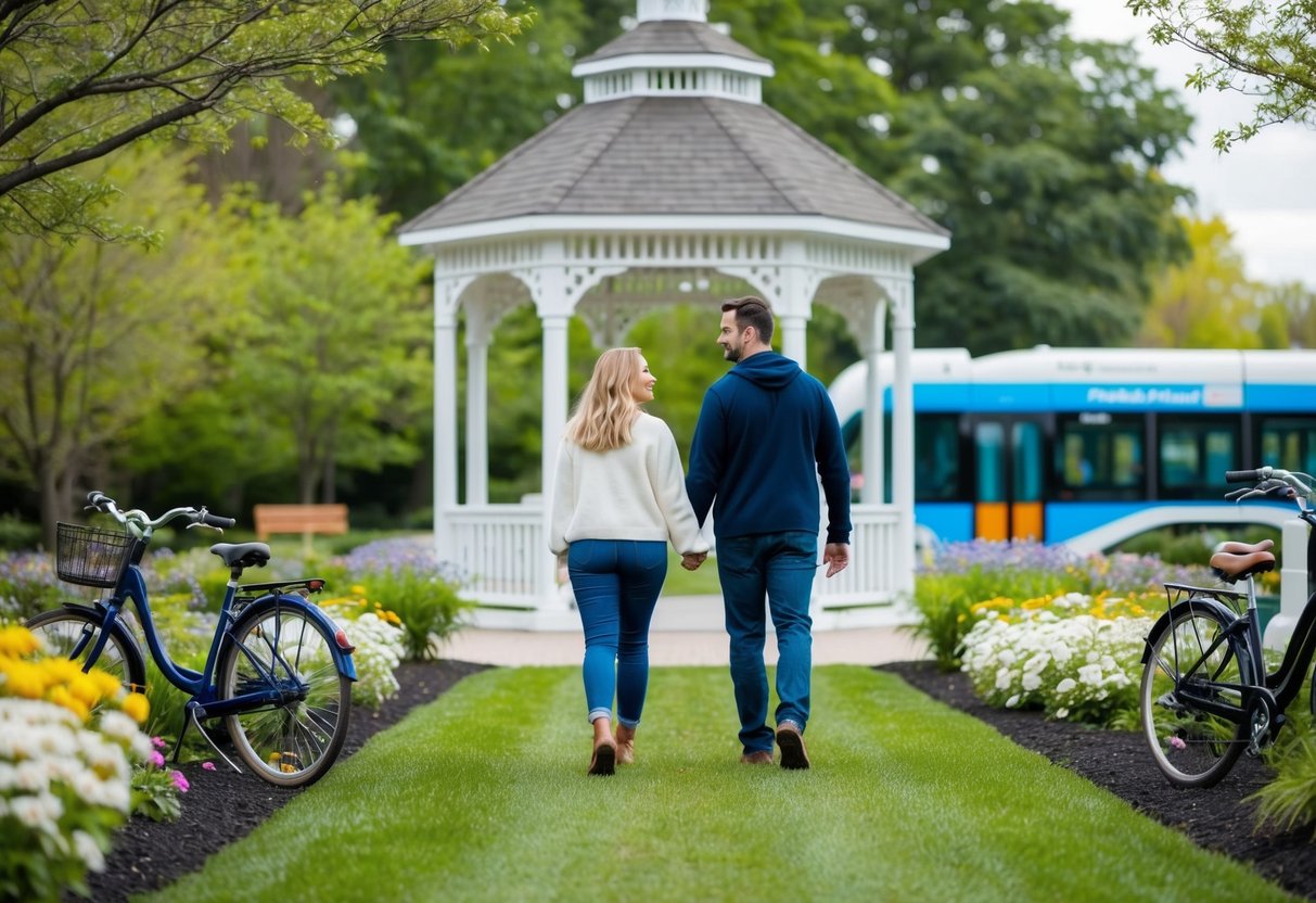 A couple walks through a serene garden with blooming flowers and a picturesque gazebo, surrounded by affordable transportation options like bicycles and public transit