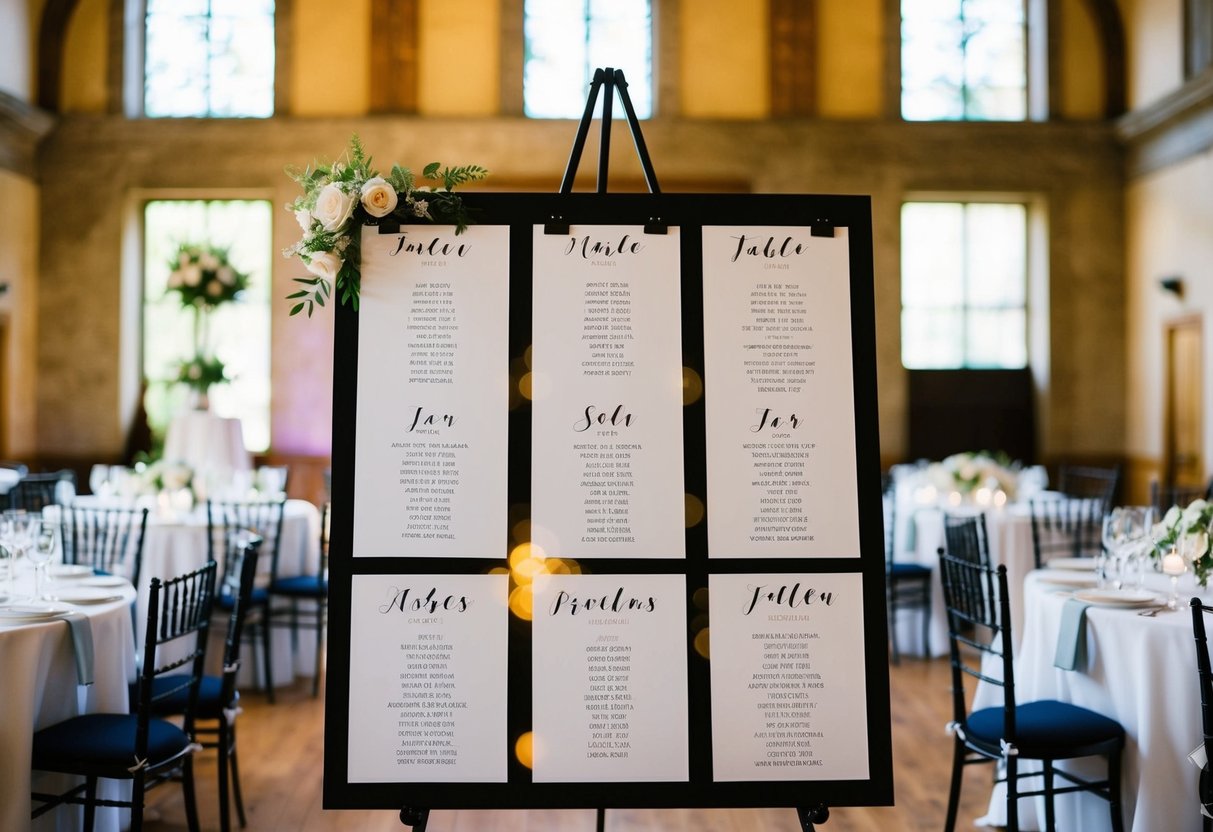 A wedding seating chart with tables arranged in a hall, each table labeled with the names of guests, and an overall layout plan