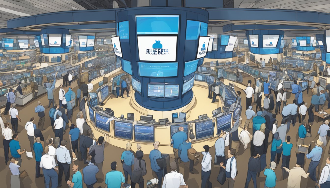 A bustling stock market floor with traders gesturing and shouting, surrounded by digital displays showing the fluctuating stock symbol for Blue Bell Creameries