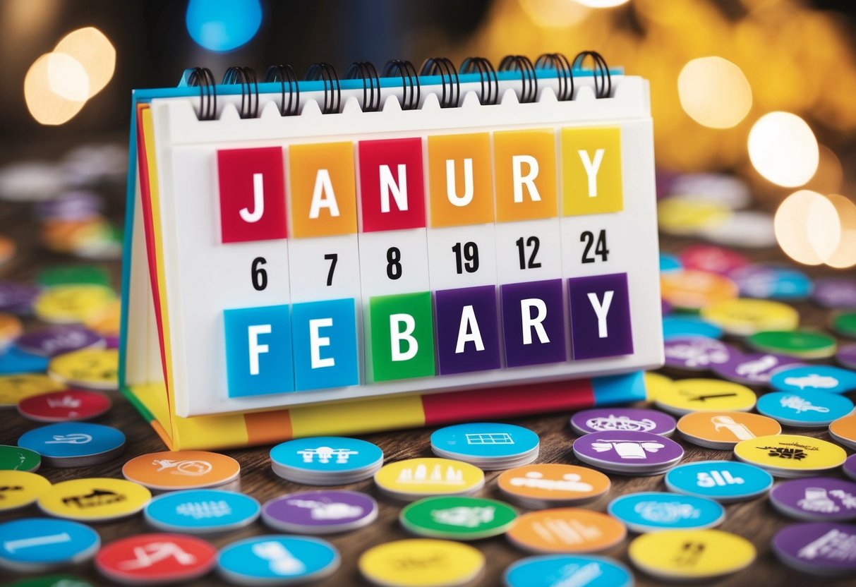 A colorful calendar with the months of January and February highlighted, surrounded by symbols of cultural activities and experiences