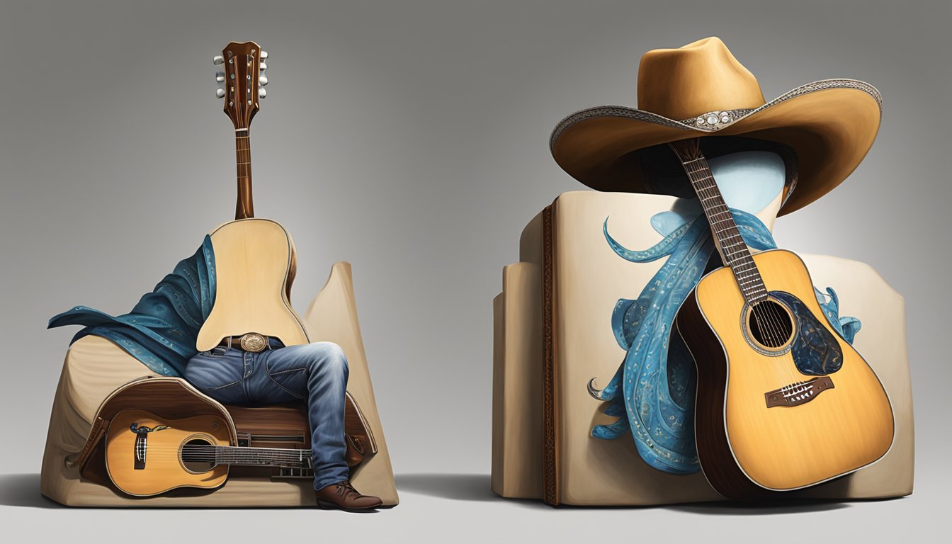 A cowboy hat resting on a guitar with a George Strait shirt draped over the instrument