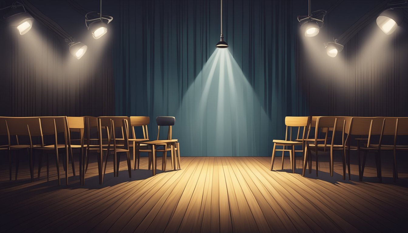 A lone wooden chair sits on a stage under a spotlight, surrounded by darkness