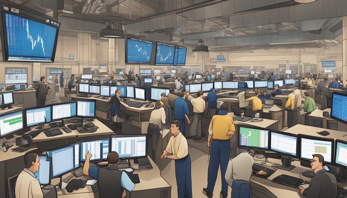 A bustling stock exchange floor with traders gesturing and shouting, electronic ticker displaying "Blue Bell Creameries" stock symbol, surrounded by monitors and graphs