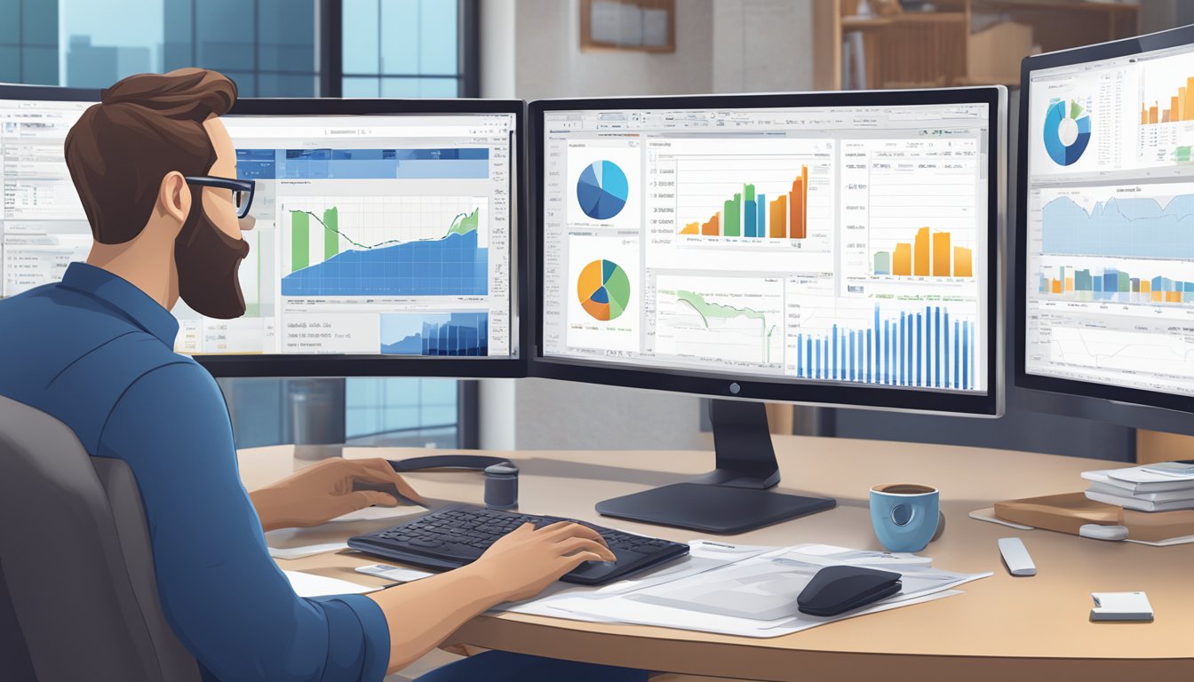 A person analyzing Blue Bell Creameries stock symbol on a computer screen with financial charts and graphs displayed