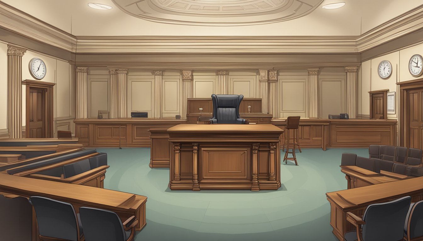 A courtroom with a judge's bench, legal documents, and scales of justice