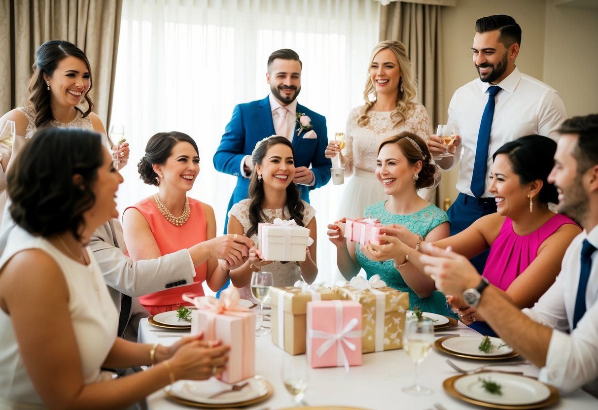 A group of wedding guests gather to celebrate at a bridal shower, exchanging gifts and sharing in the joy of the upcoming marriage