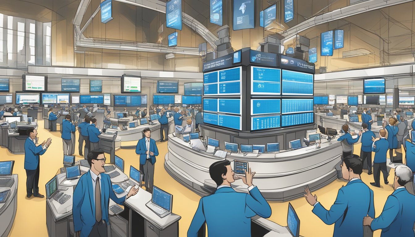 A bustling stock exchange floor with traders gesturing and shouting bids, screens flashing blue bell creameries stock symbol and investor resources