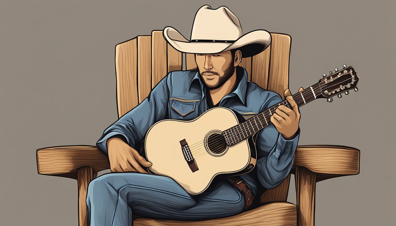 A cowboy hat and guitar on a wooden chair with a George Strait shirt draped over the back