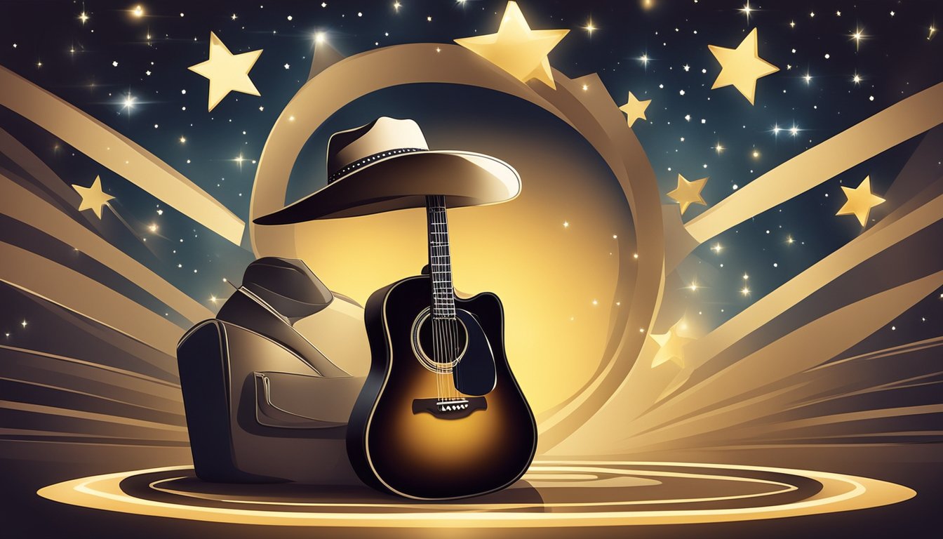 A cowboy hat and guitar surrounded by shining stars and a spotlight