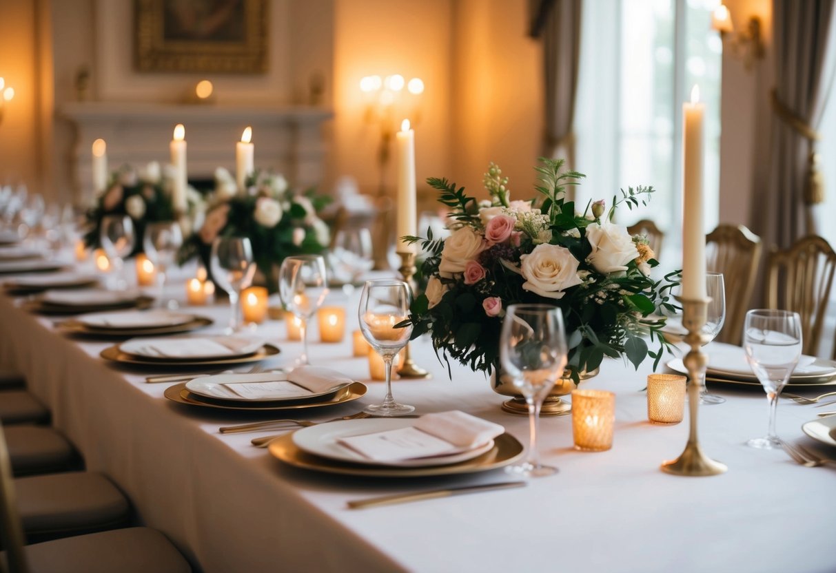 A long table set with elegant place settings and a floral centerpiece. Candles flicker, casting a warm glow over the room
