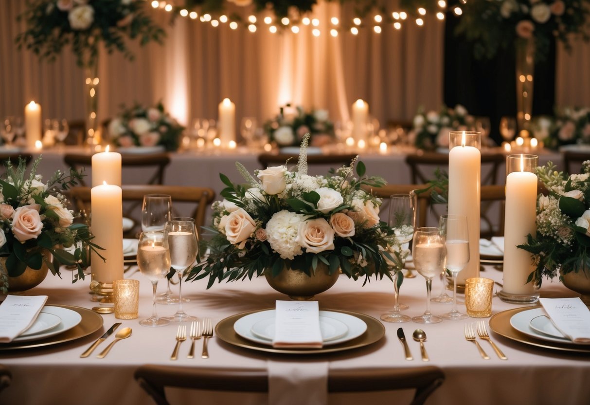 A beautifully set table with elegant place settings, surrounded by soft candlelight and lush floral arrangements, creating a warm and inviting atmosphere for a rehearsal dinner