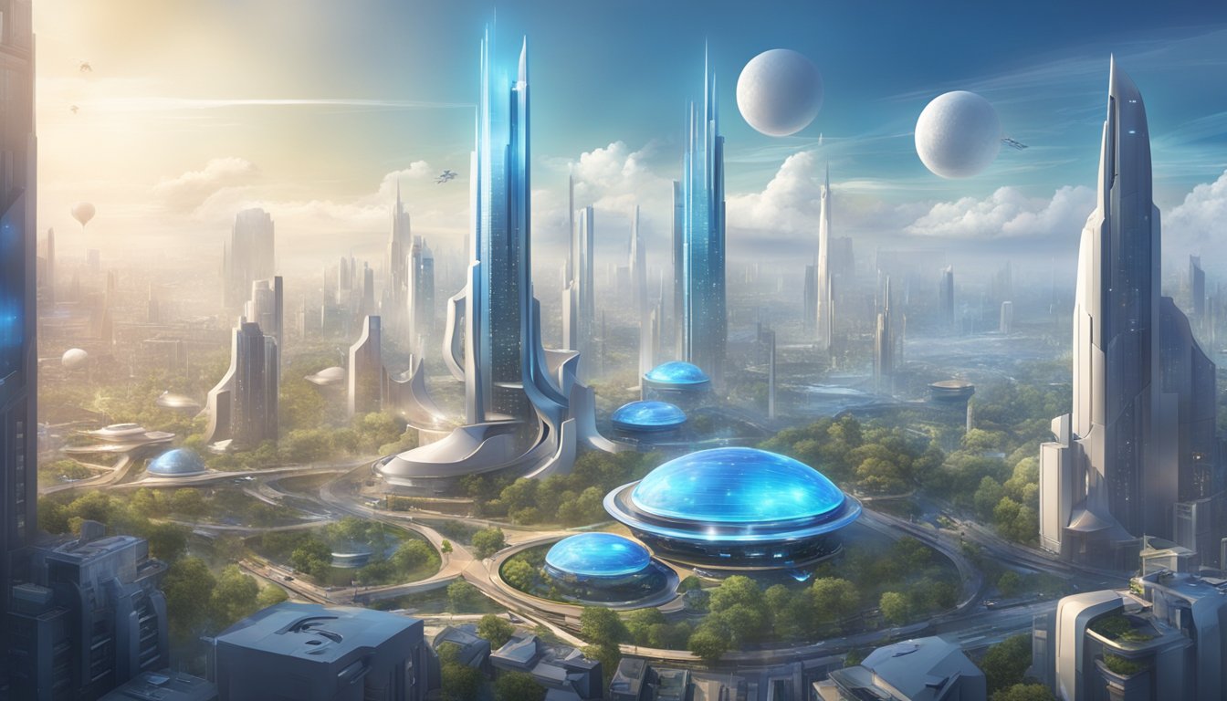 A futuristic city skyline with a prominent blue bell-shaped structure, surrounded by high-tech buildings and flying vehicles